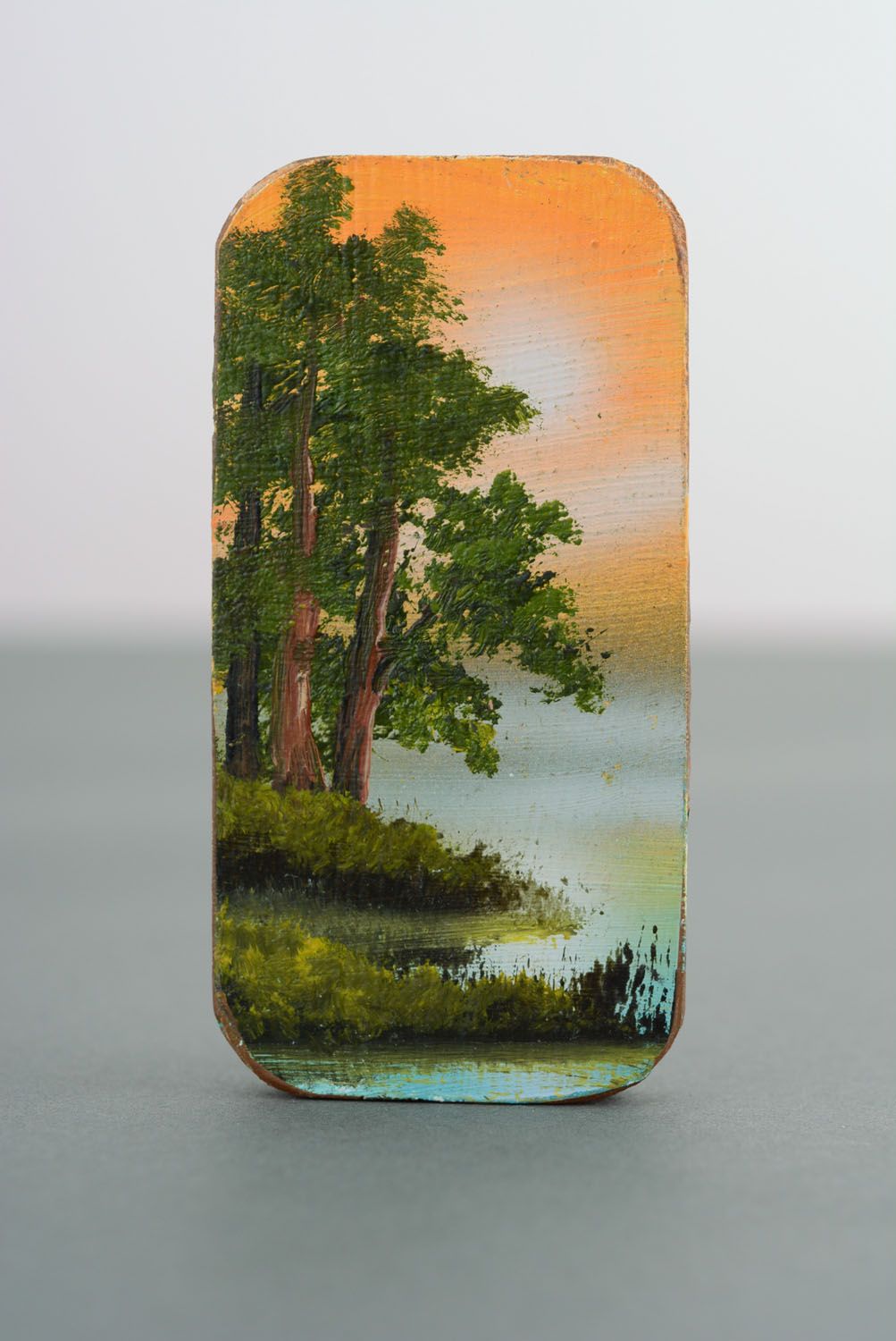 Aimant frigo en bois avec peinture paysage Soir chaud de créateur fait main photo 4