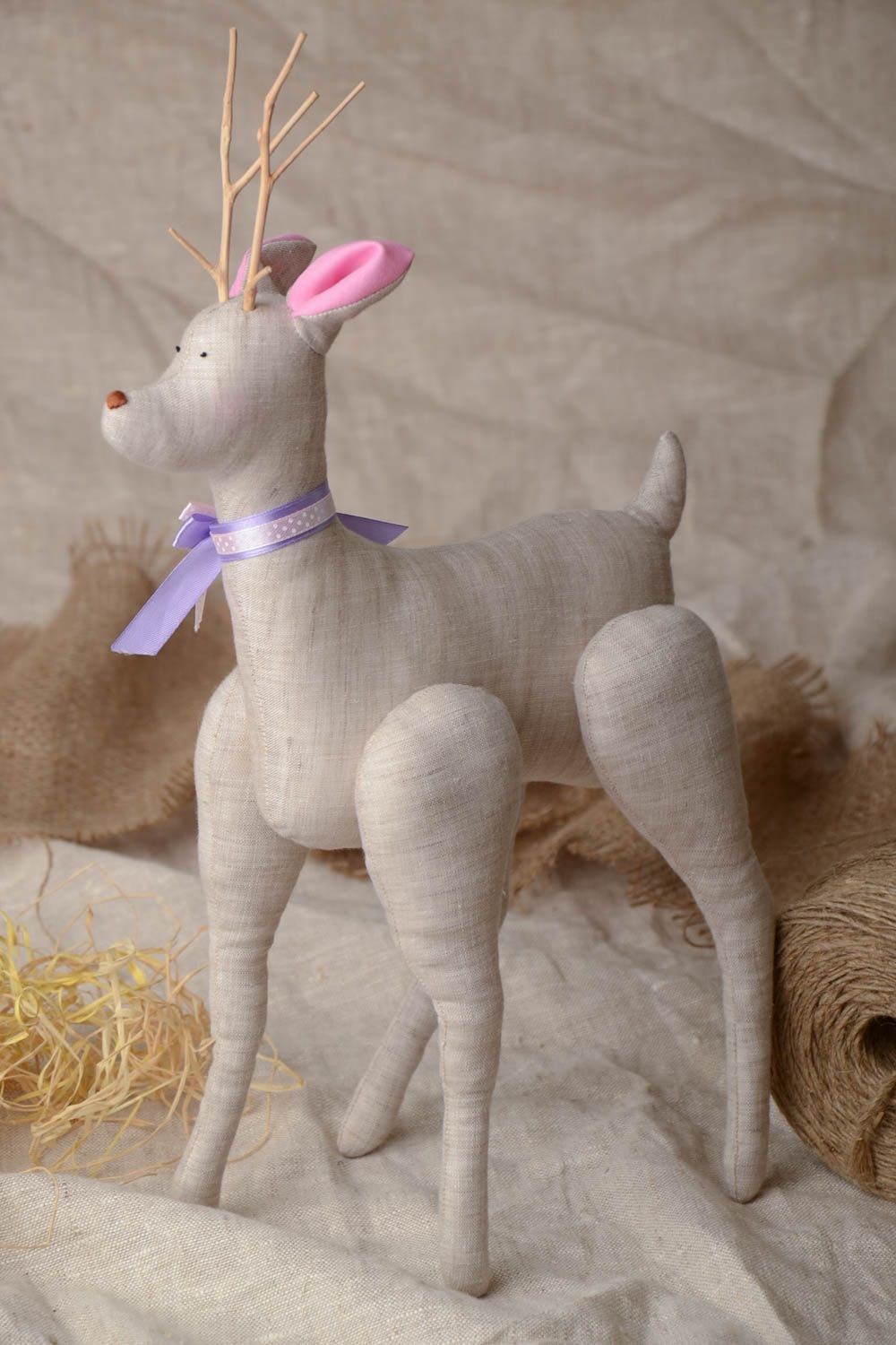 Handmade decorative soft toy deer made of linen fabric interior decor photo 1
