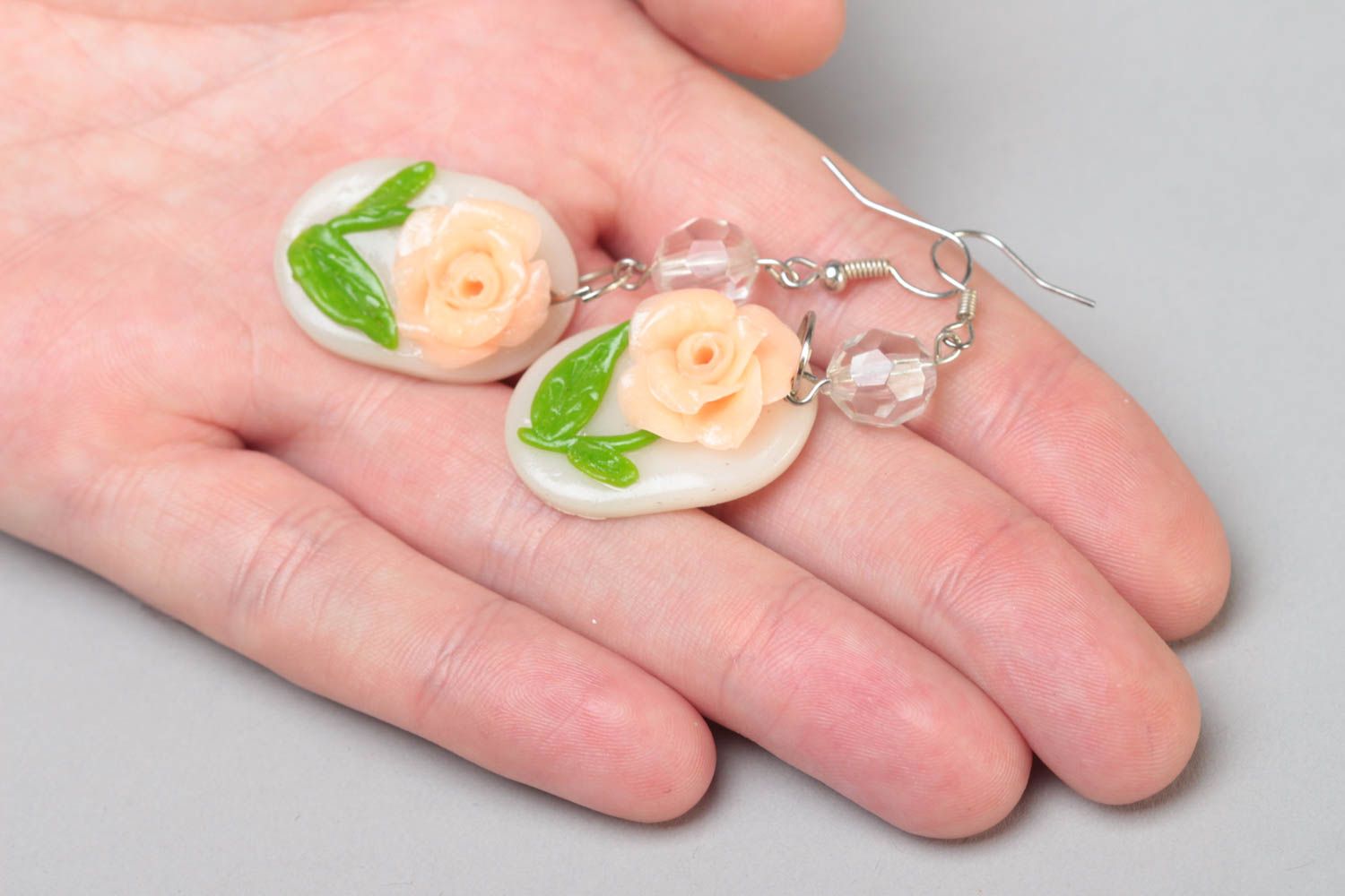Handmade designer dangling earrings with polymer clay flowers of cream color photo 5