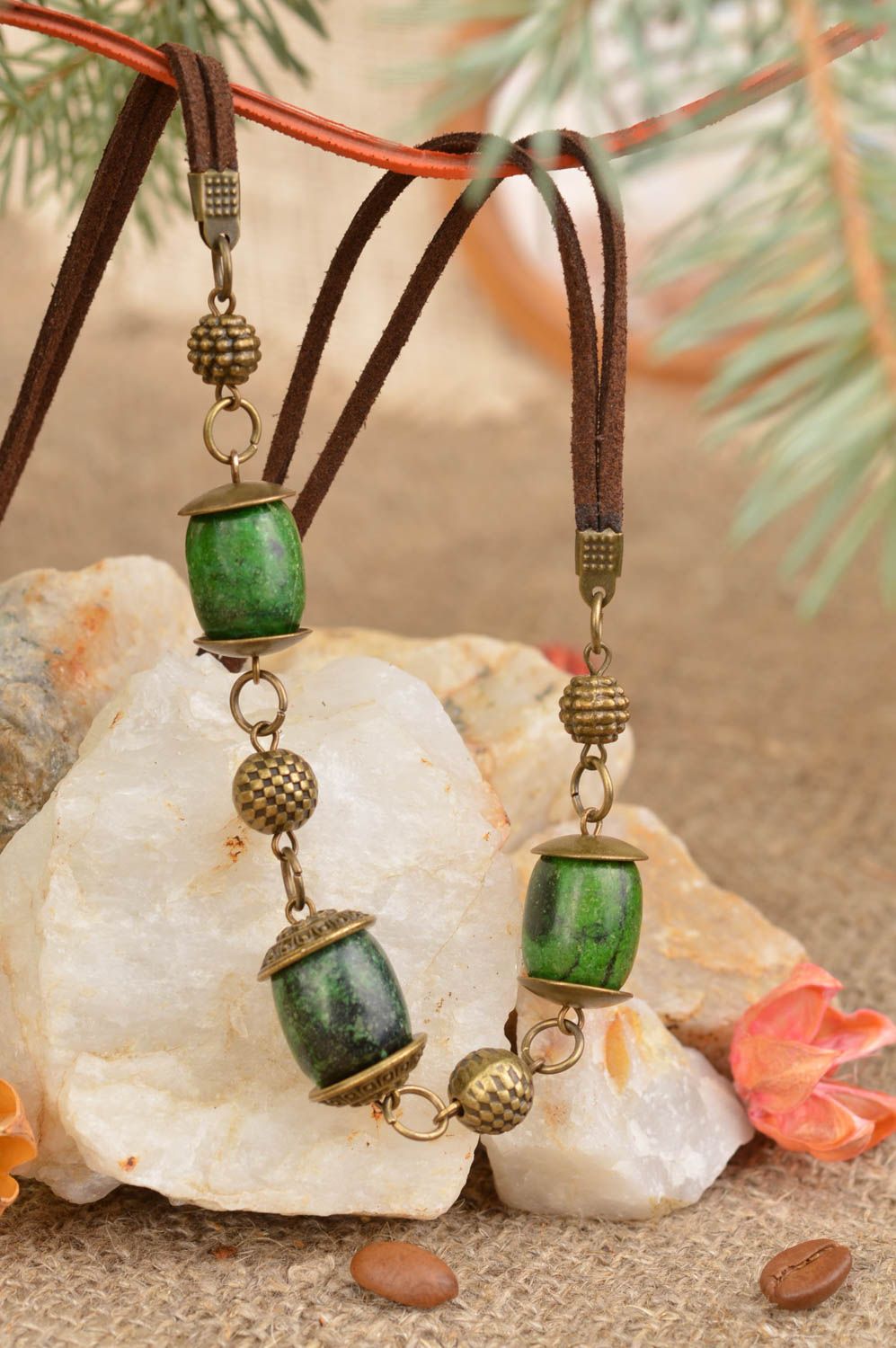 Unusual handmade designer metal necklace on cord with green beads photo 1