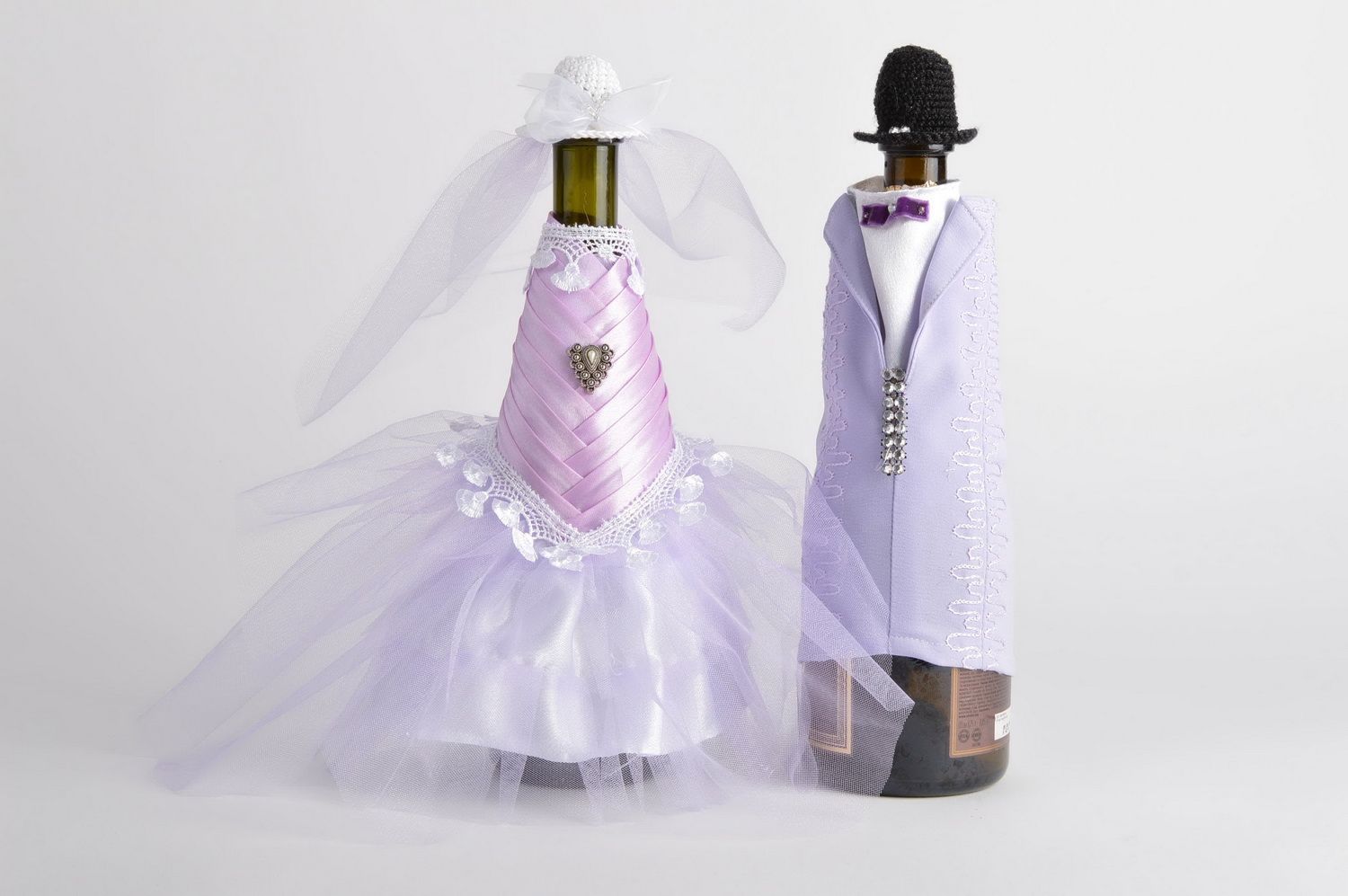 Set of 2 handmade designer textile champagne bottle covers Groom and Bride photo 1