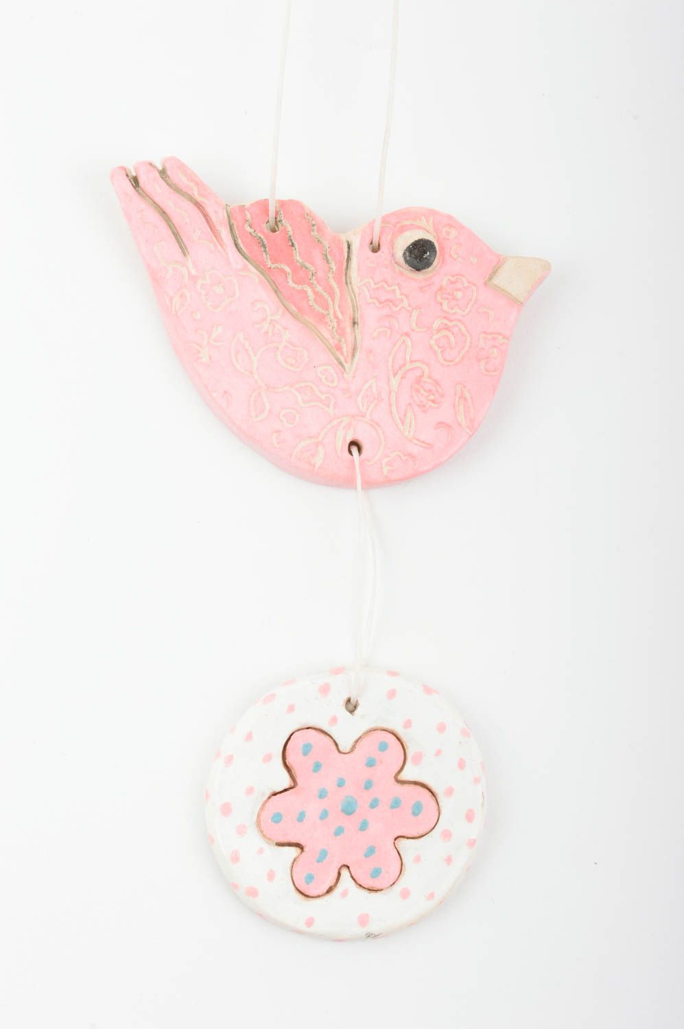 Панно на стену подарок ручной работы предмет декора из глины Розовая птичка фото 1