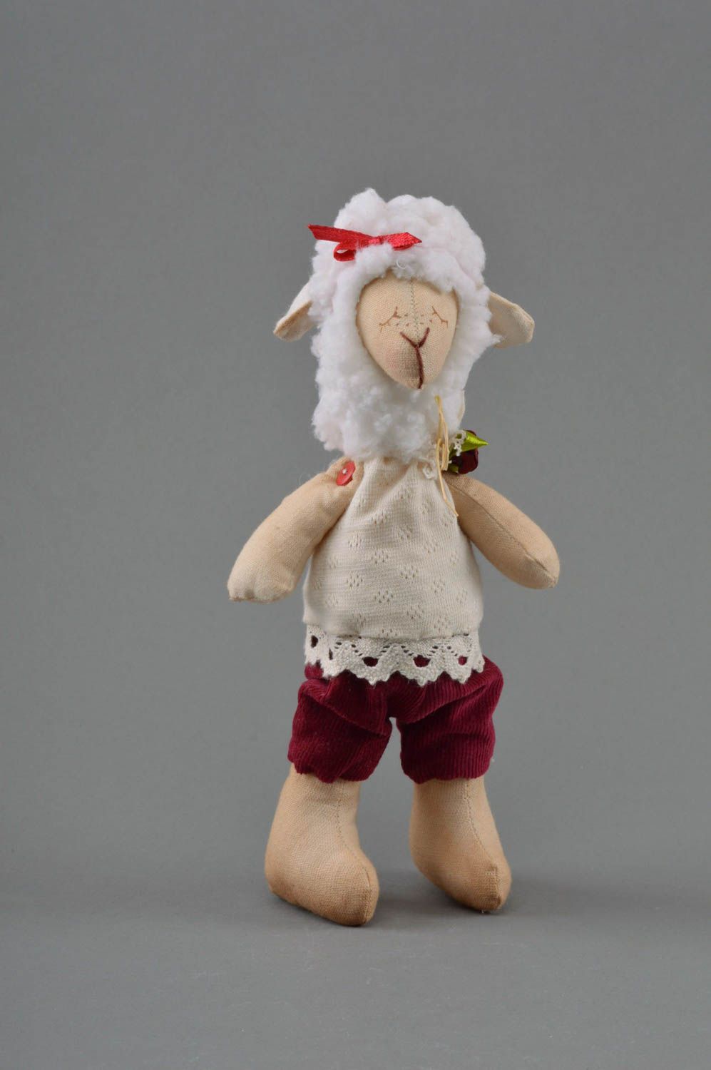 Handmade nice cotton fabric soft toy lamb in velvet and jersey clothes  photo 1