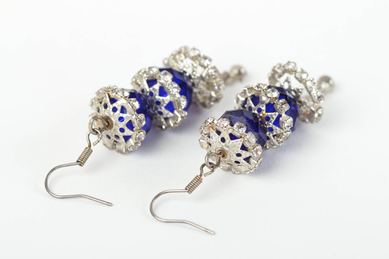 Boucles d'oreilles pendantes Bijou fait main bleues avec cristal Cadeau femme photo 4