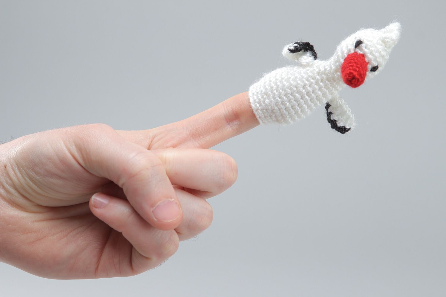 Handmade finger puppet crocheted of acrylic threads white stork for home theater photo 3
