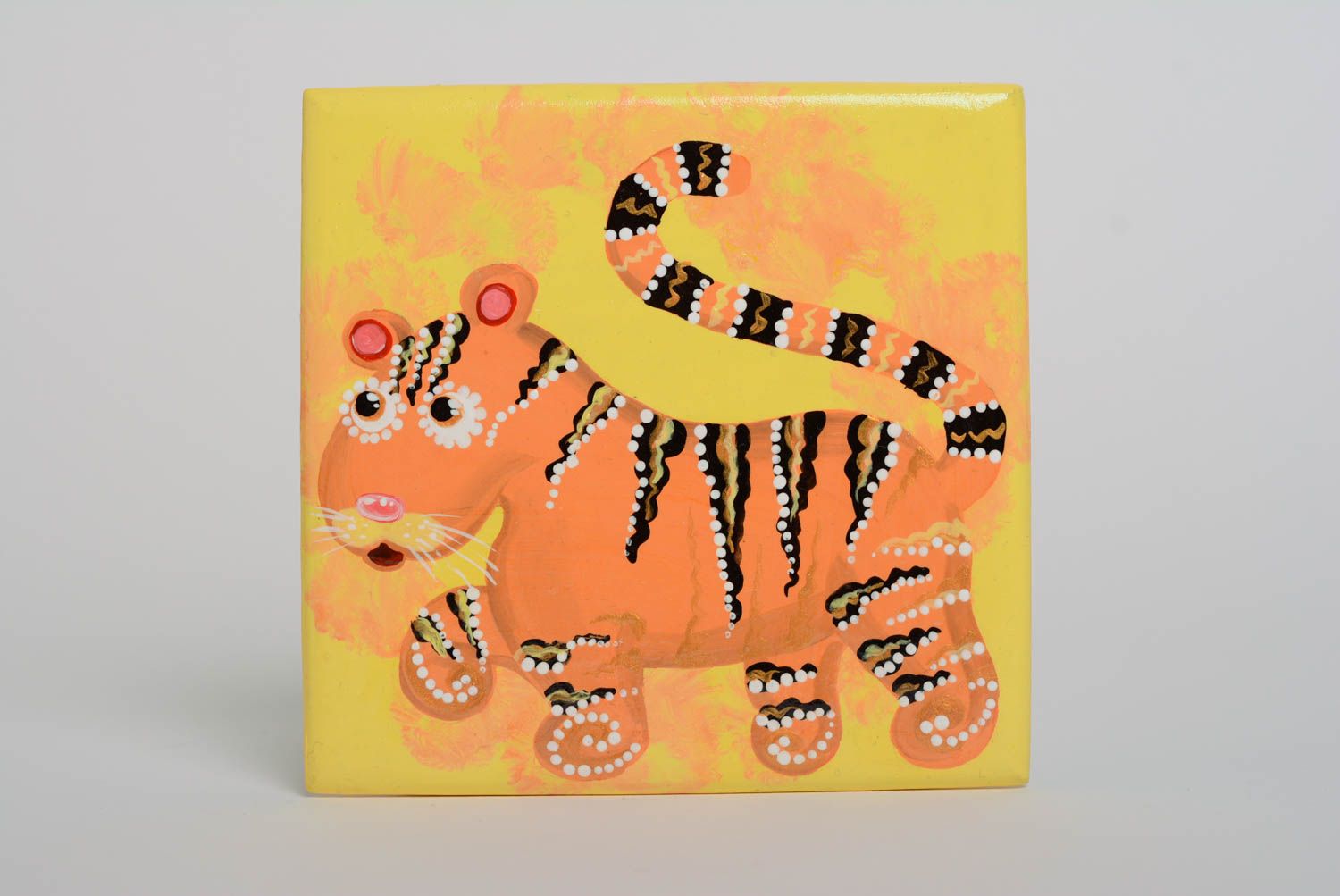 Petit tableau acrylique tigre en panneau de fibres fait main jaune-orange photo 1