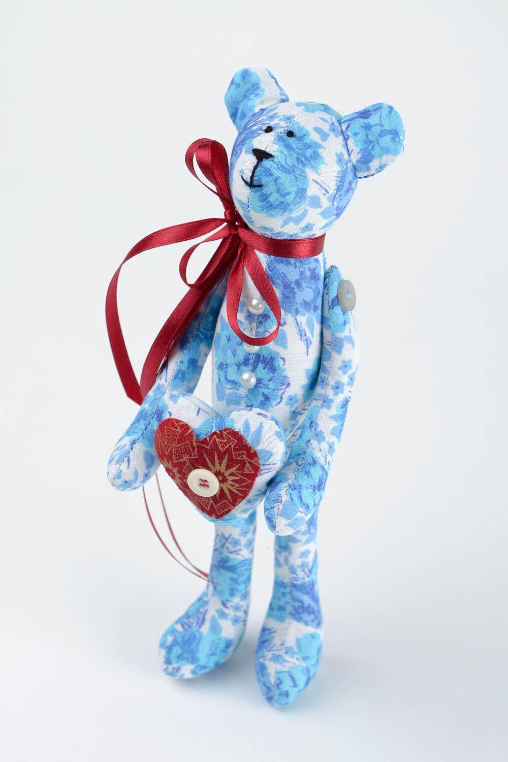 Jouet Ours en tissu de coton naturel fait main bleu avec coeur Cadeau enfant photo 4