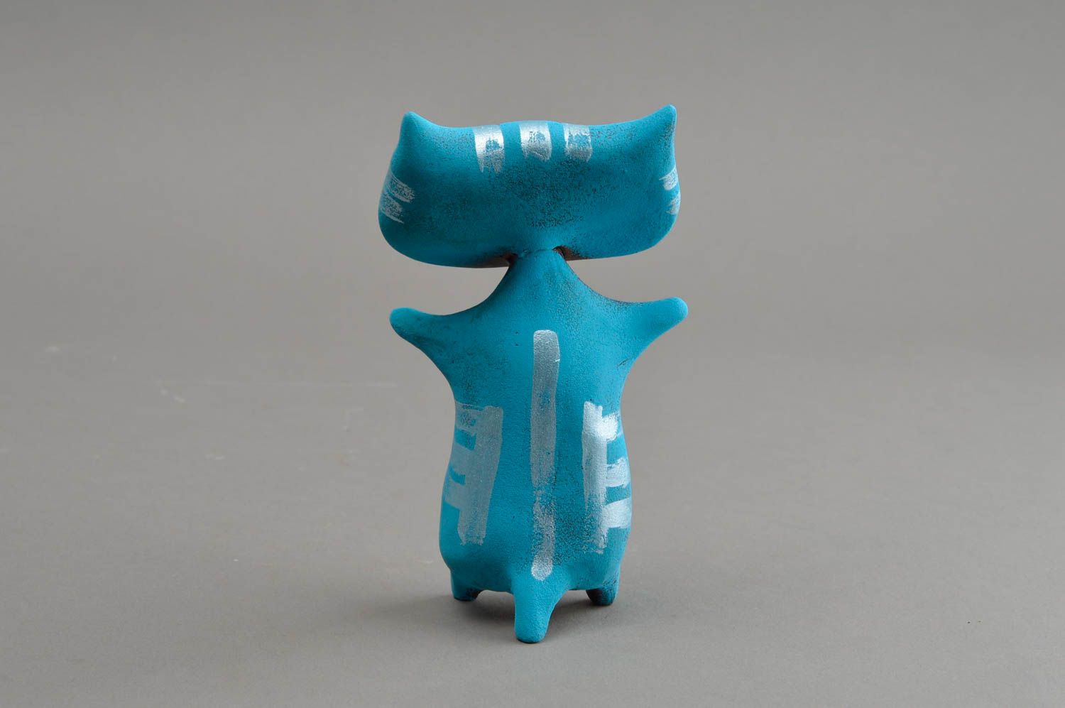 Синяя глиняная статуэтка ручной работы авторского дизайна расписная Кот фото 5