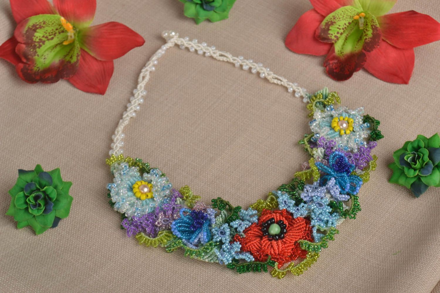 Handmade seed beaded necklace designer macrame accessory present for girls photo 1