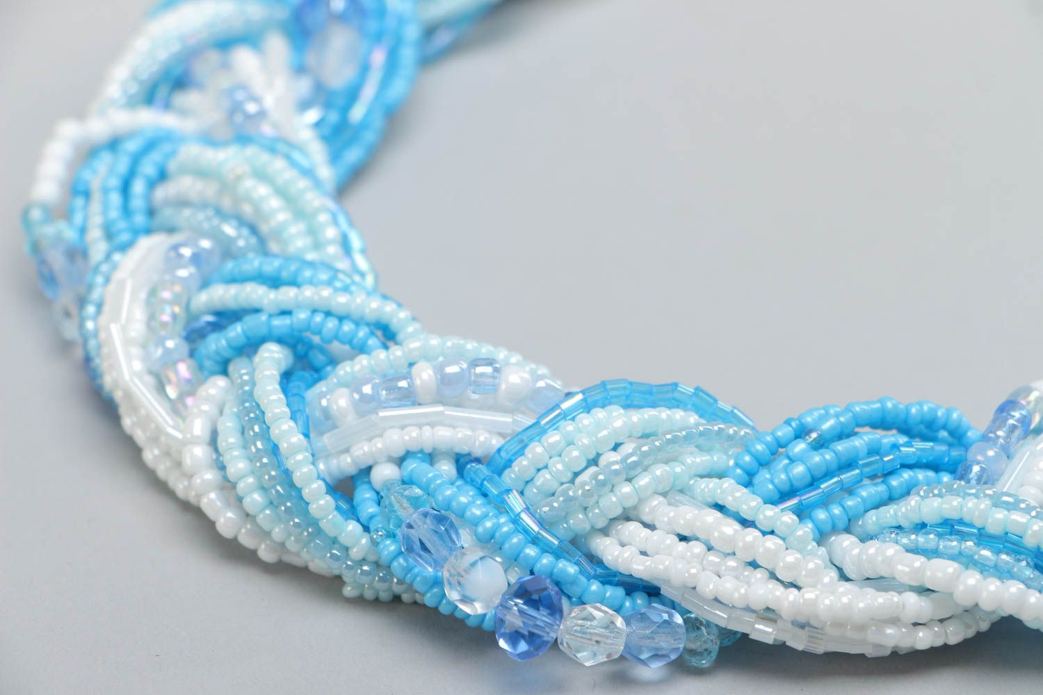Handmade volume designer necklace woven of blue and white beads for women photo 3