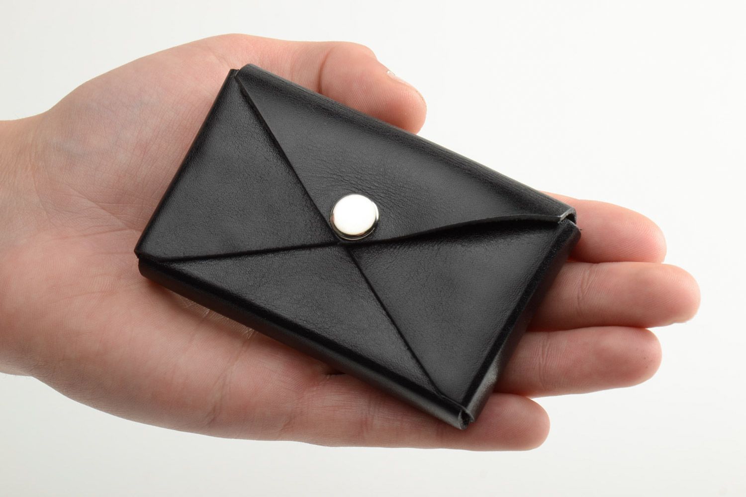 Handmade designer business cards holder sewn of black genuine leather for men photo 5