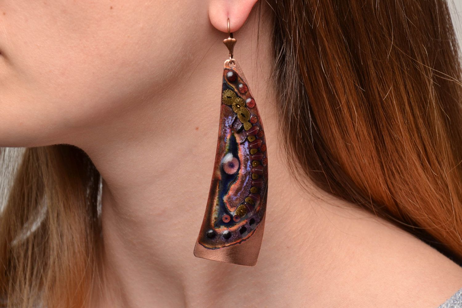 Handmade copper earrings with enamel painting photo 2