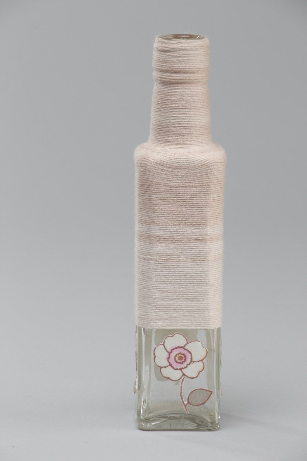 Handmade kleine dekorative Flasche aus Glas mit Baumwollfäden umflochten 250 ml foto 2
