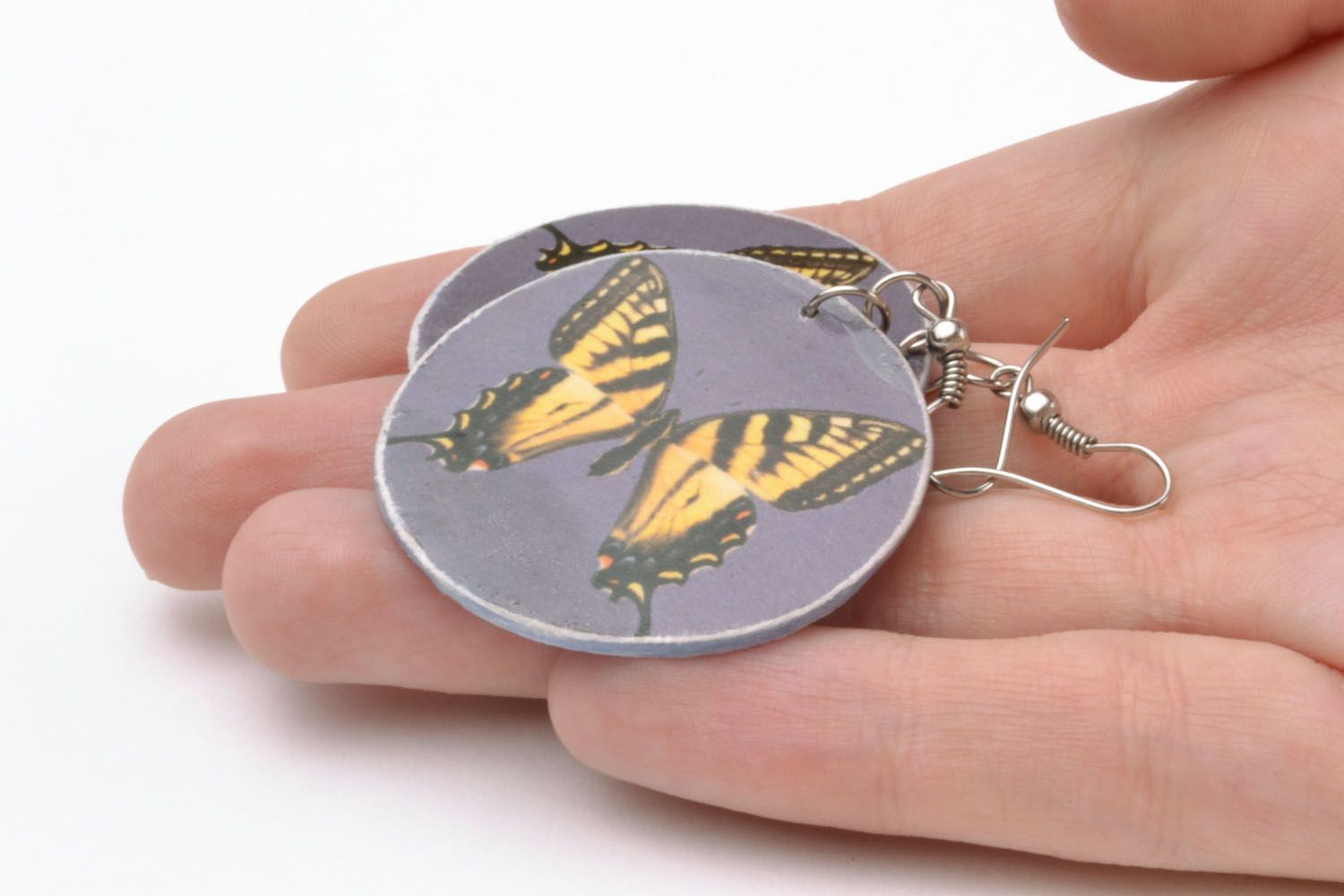 Round polymer clay earrings Yellow Butterflies photo 2