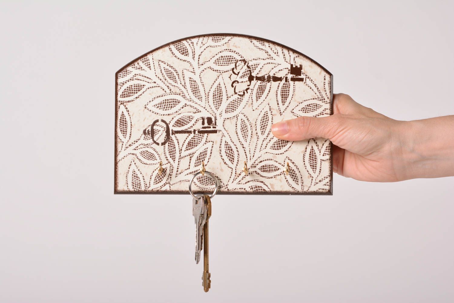 Wall wooden key holder with decoupage White Leaves handmade interior accessory photo 1