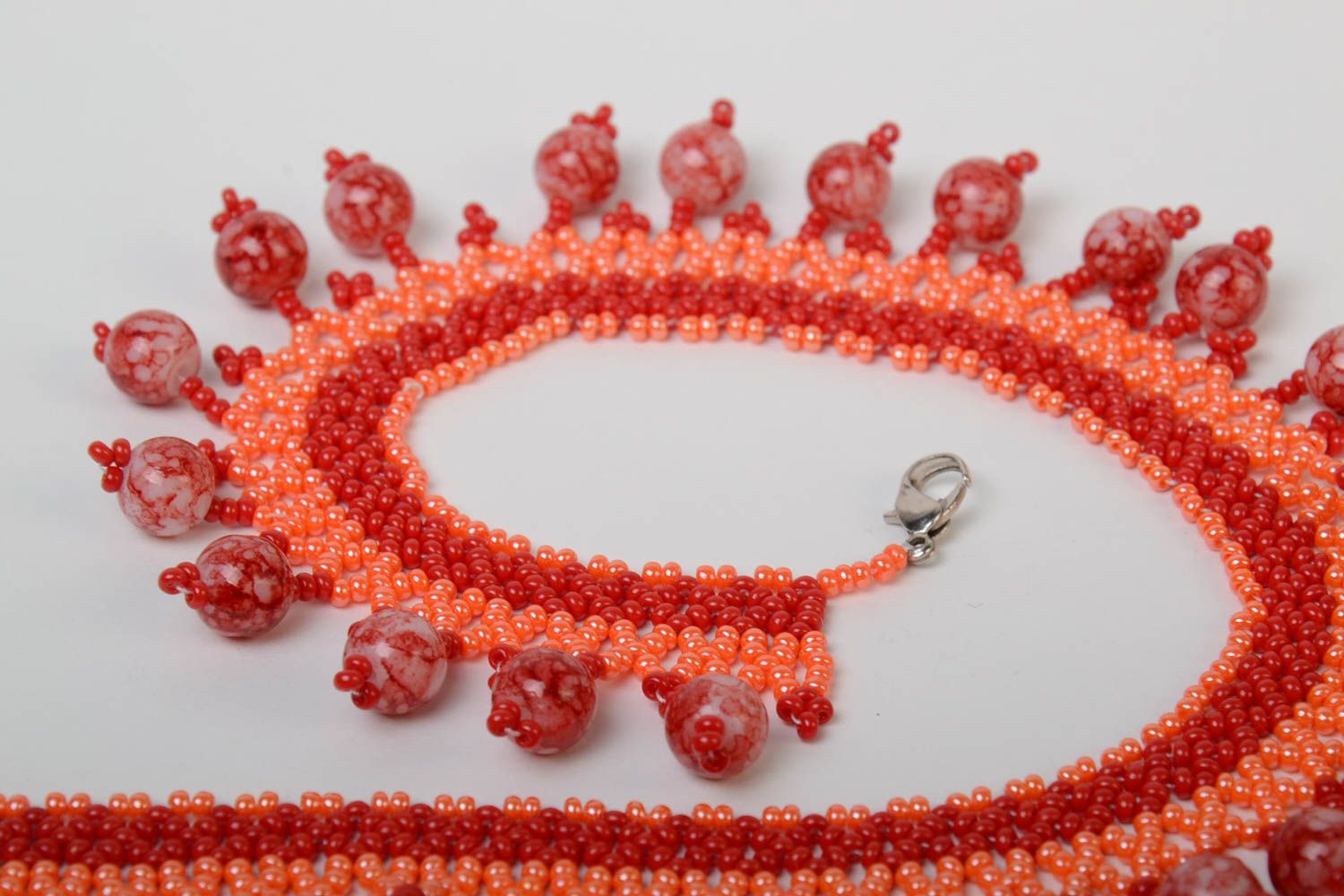 Unusual festive handmade designer red necklace woven of Czech beads photo 4