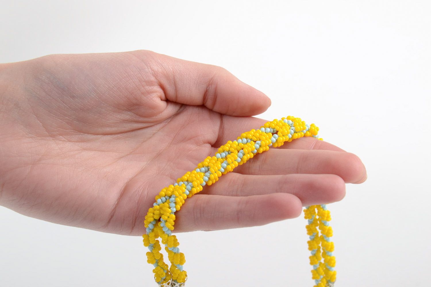 Unusual beautiful stylish handmade long beaded necklace of bright yellow color photo 5