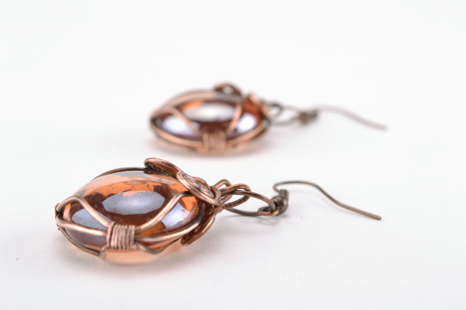 Copper earrings with glass beads photo 4