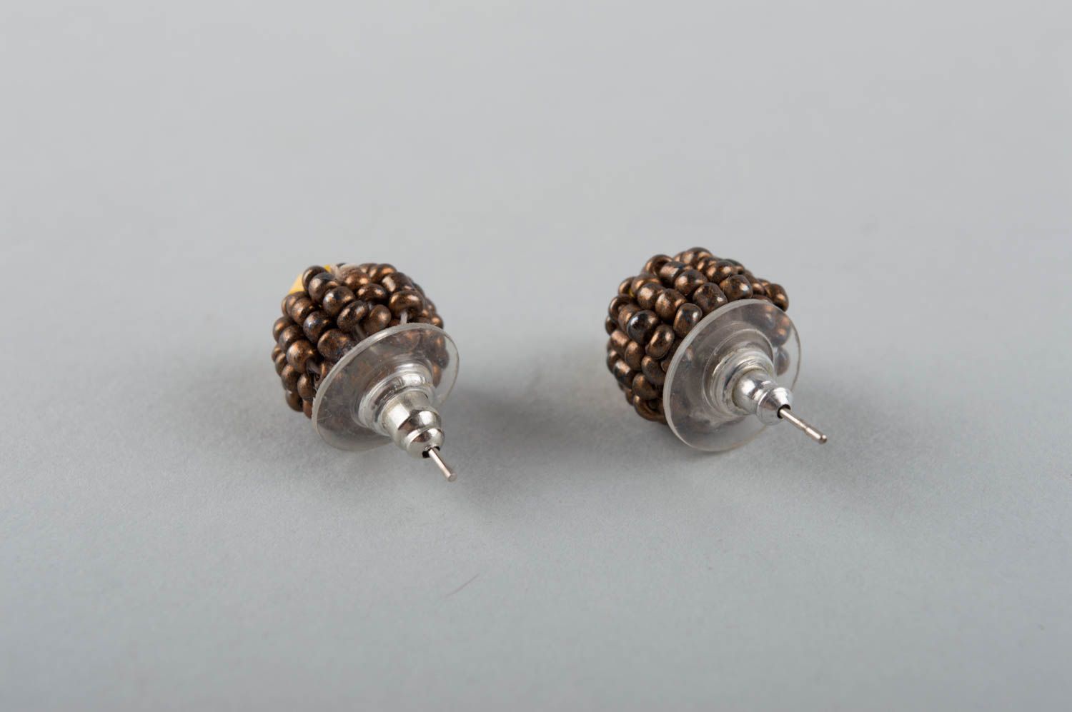 Designer round handmade grey and yellow cute stud earrings with beads  photo 4