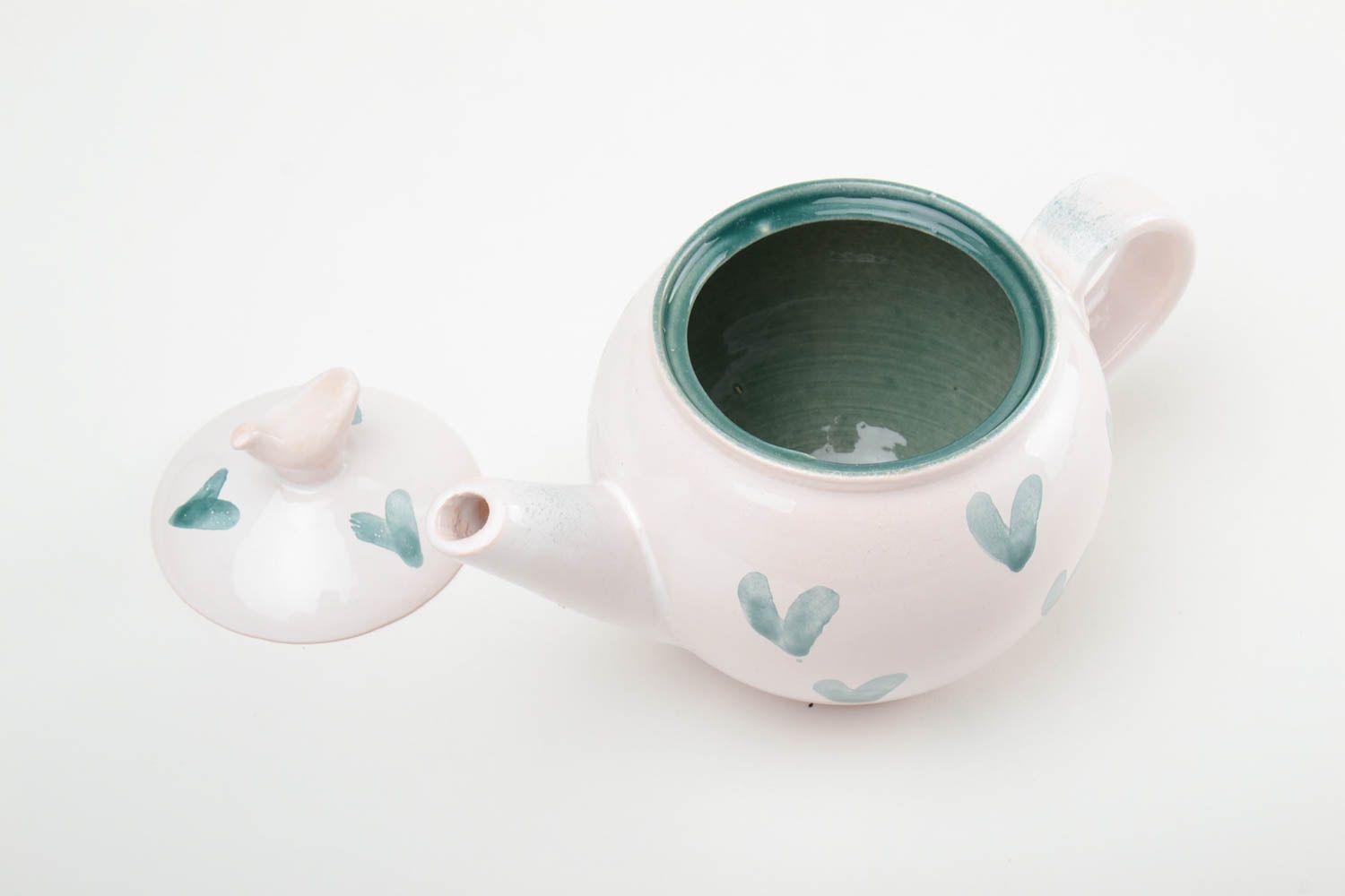 Beautiful handmade glazed ceramic teapot of white color with hearts 500 ml photo 2
