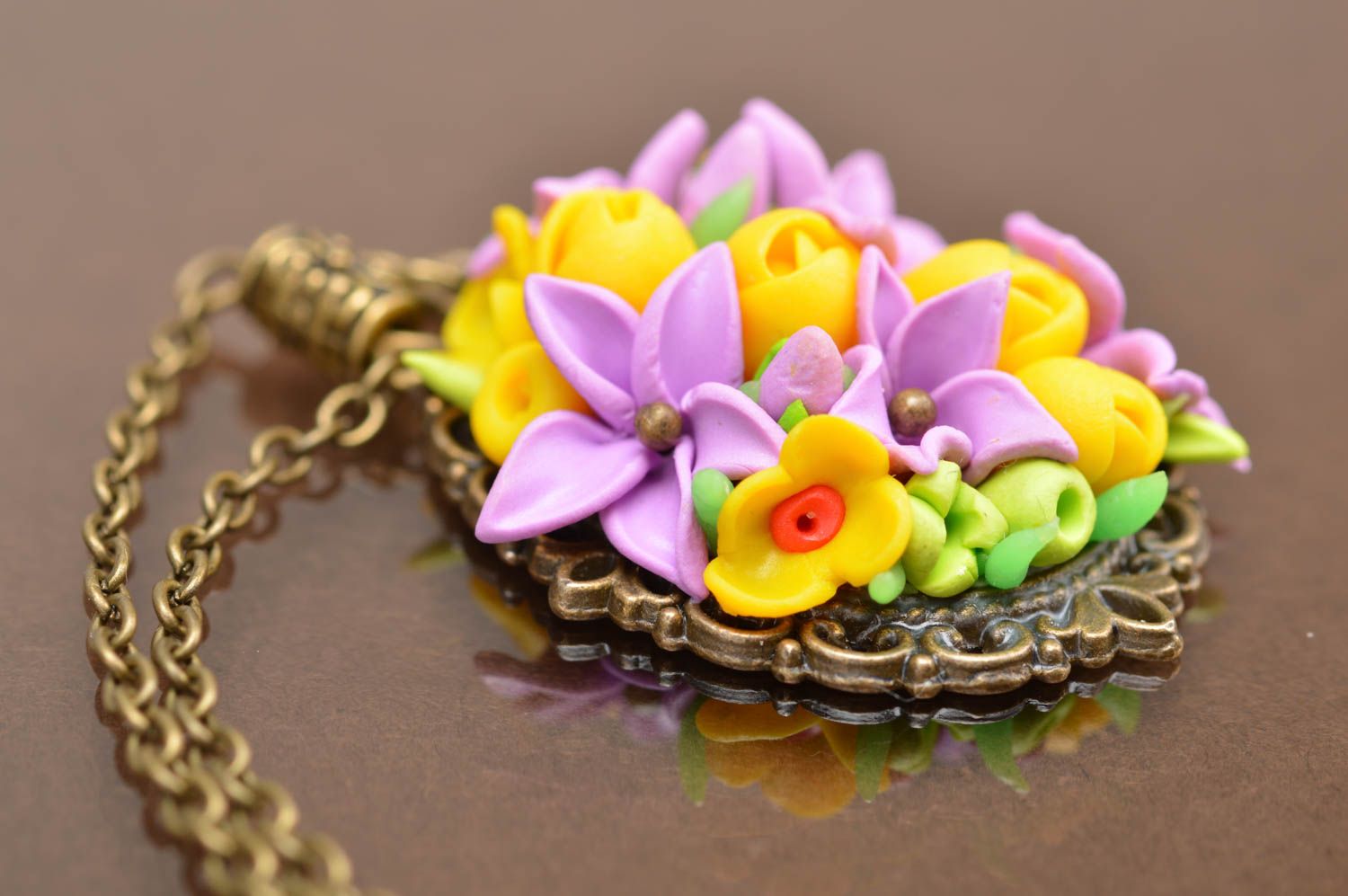 Beautiful handmade designer polymer clay flower neck pendant on chain Bouquet photo 4