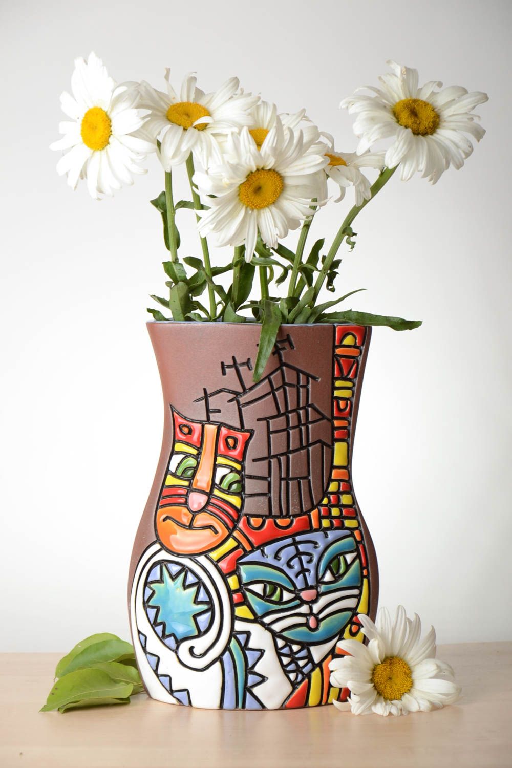 Vase à fleurs céramique Vase fait main multicolore avec chats Cadeau pour femme photo 1