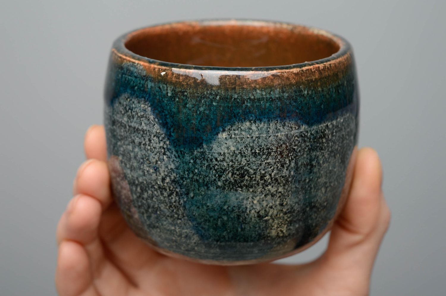 8 oz ceramic glazed cup with no handle in blue and brown color photo 2