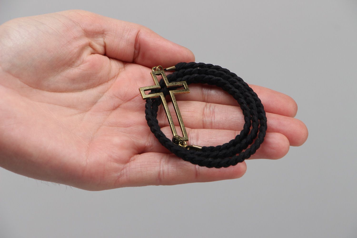 Handmade multi row wrist bracelet woven of black cord with metal cross unisex photo 3