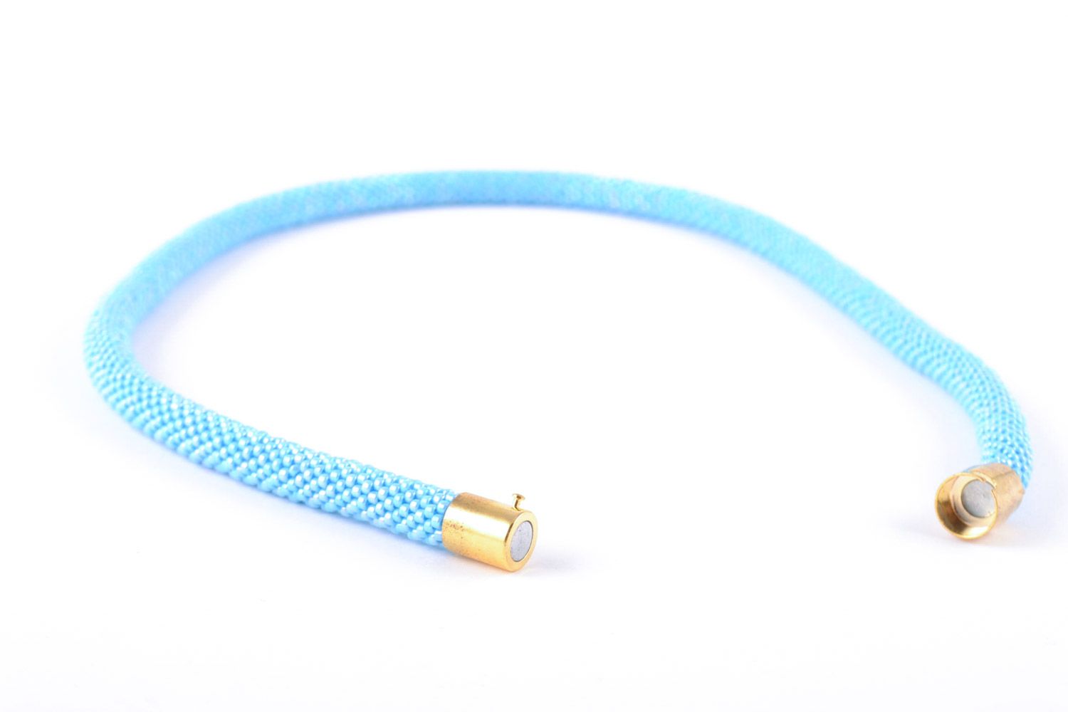 Beautiful handmade women's plain woven beaded cord necklace of blue color photo 5