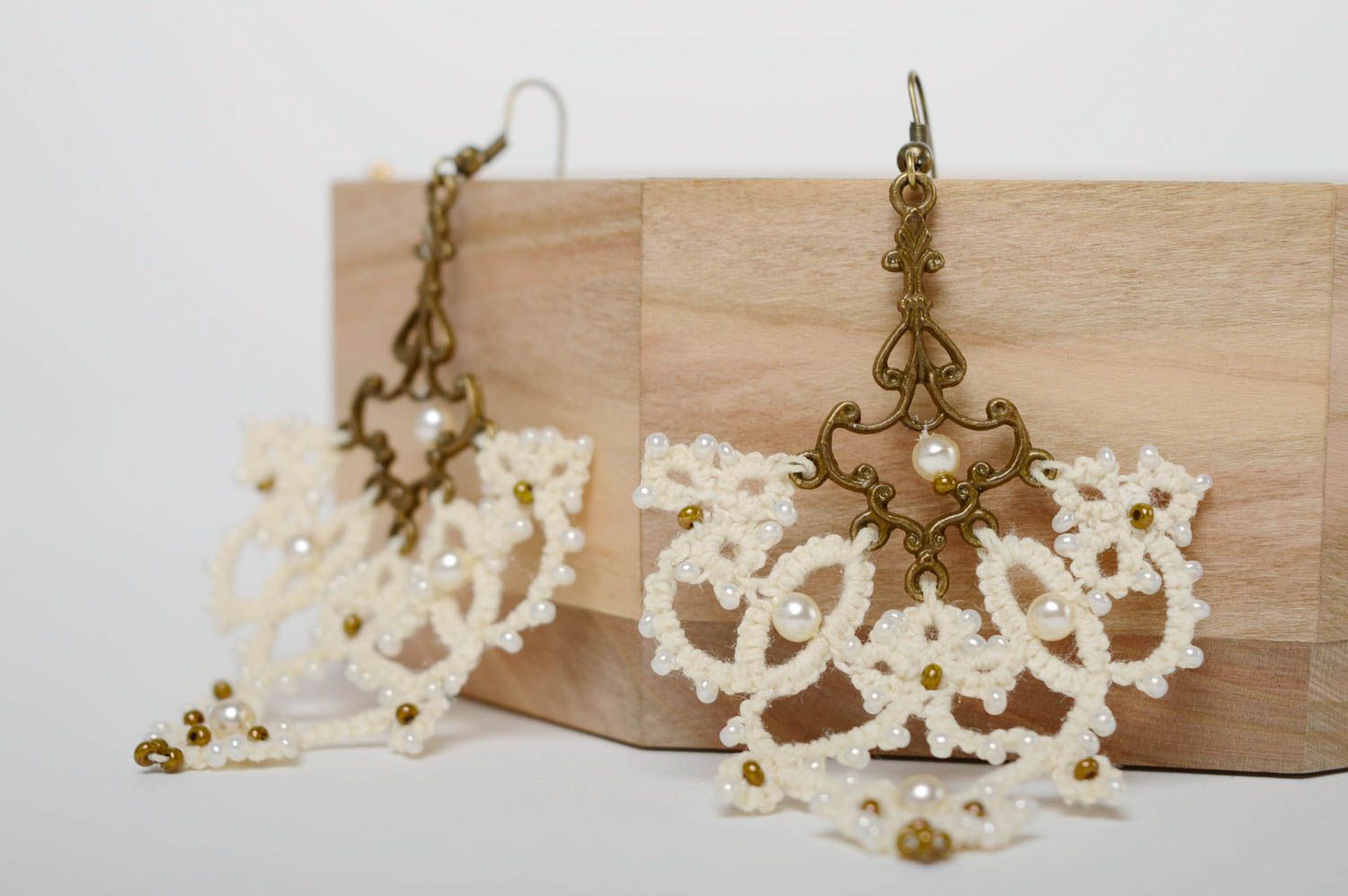 Textile earrings made using tatting and ankars techniques photo 3