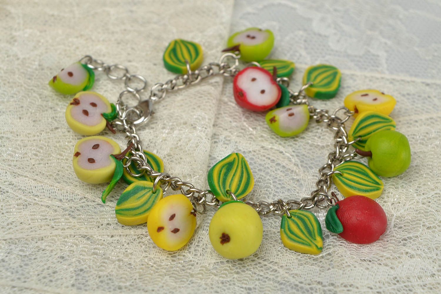 Handmade green designer wrist bracelet with fruit made of polymer clay  photo 2