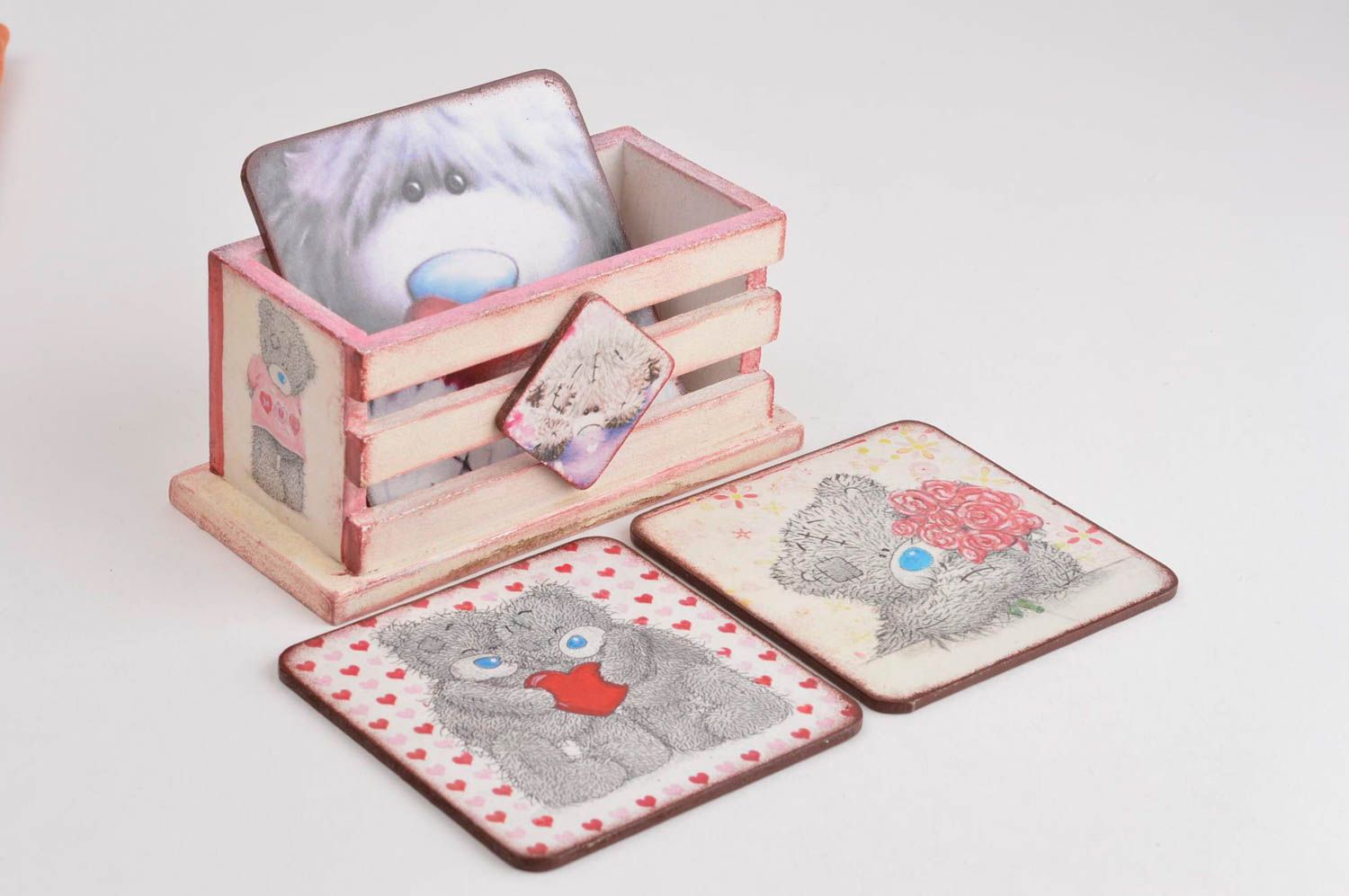 Posavasos originales y caja artesanales pintados con osos accesorios de cocina foto 2