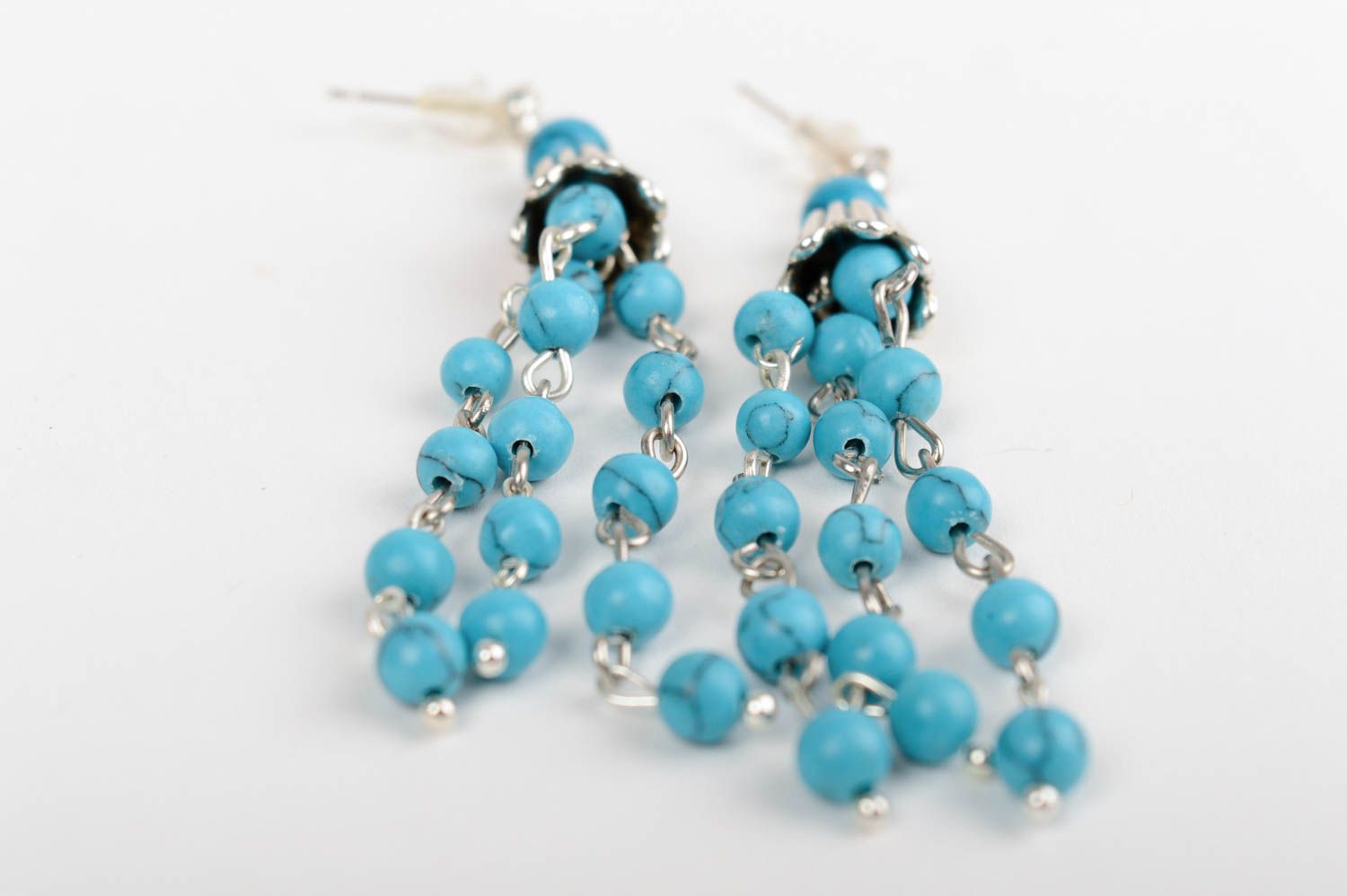 Handmade beautiful long designer turquoise earrings with charms photo 4