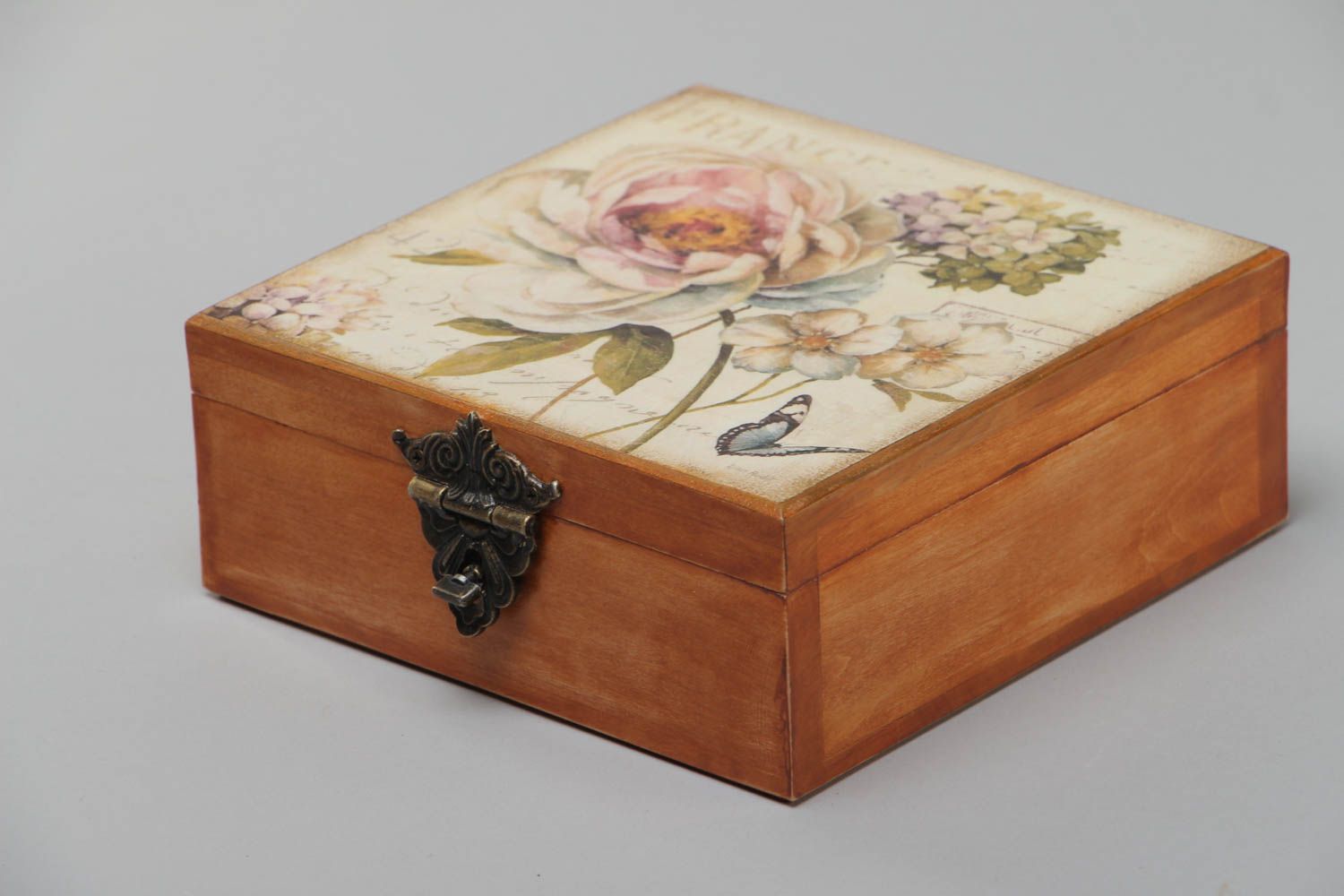 Handmade decorative square wooden jewelry box with floral retro print on lid photo 4