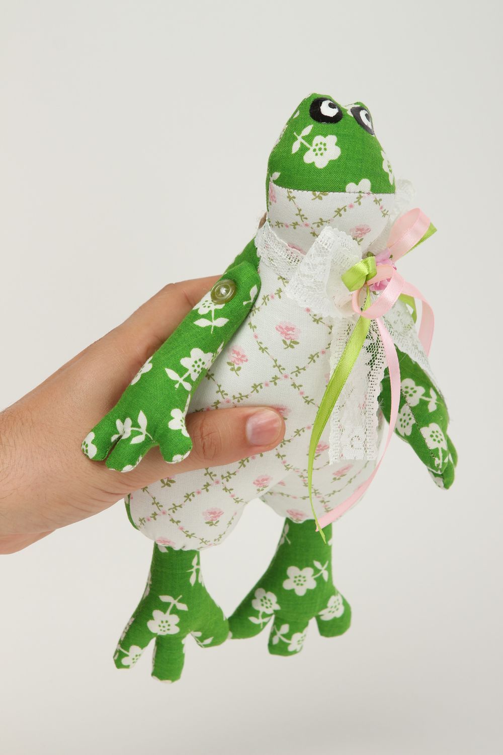 Handmade Kuscheltier Frosch blumig Stoff Spielzeug Geschenk für Kinder  foto 5