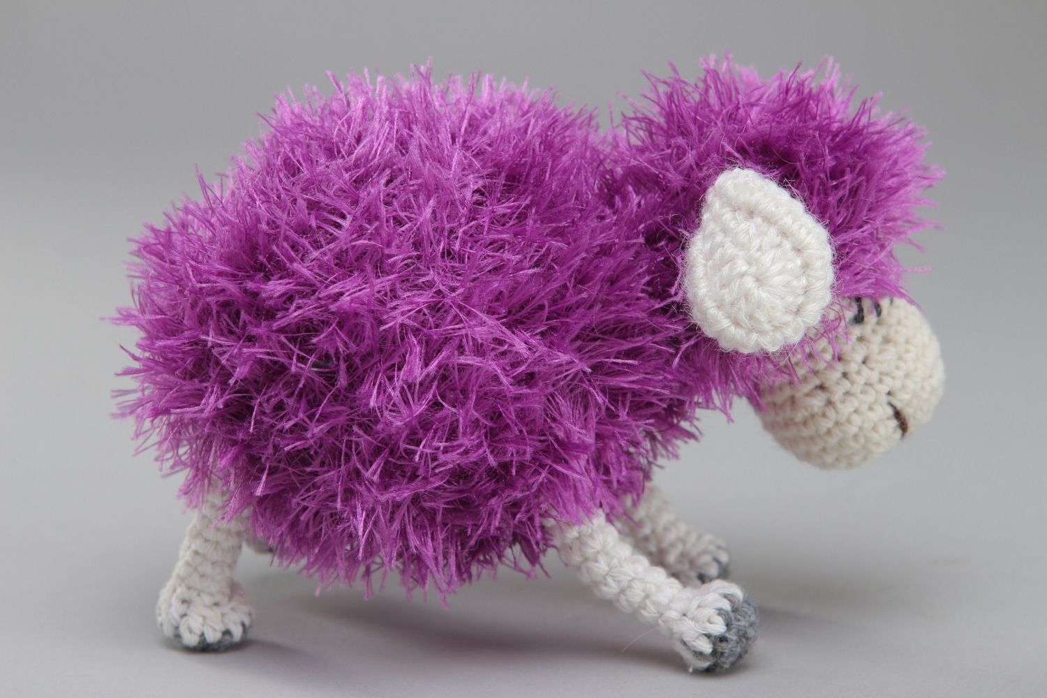 Handmade cute soft toy violet fluffy lamb crocheted of woolen threads photo 2