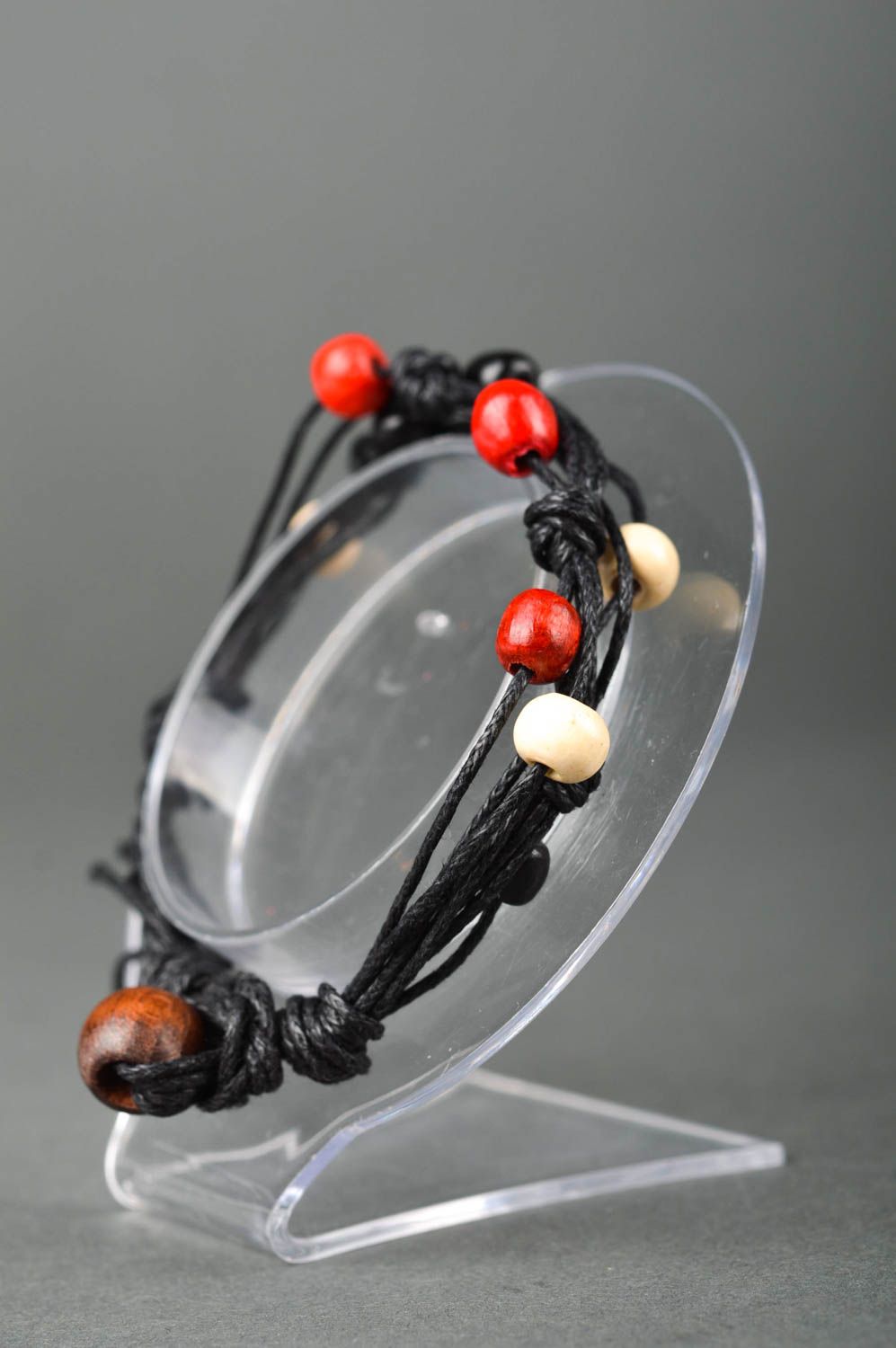 Bangle black cord four-layer bracelet with white and yellow decorative beads  photo 2