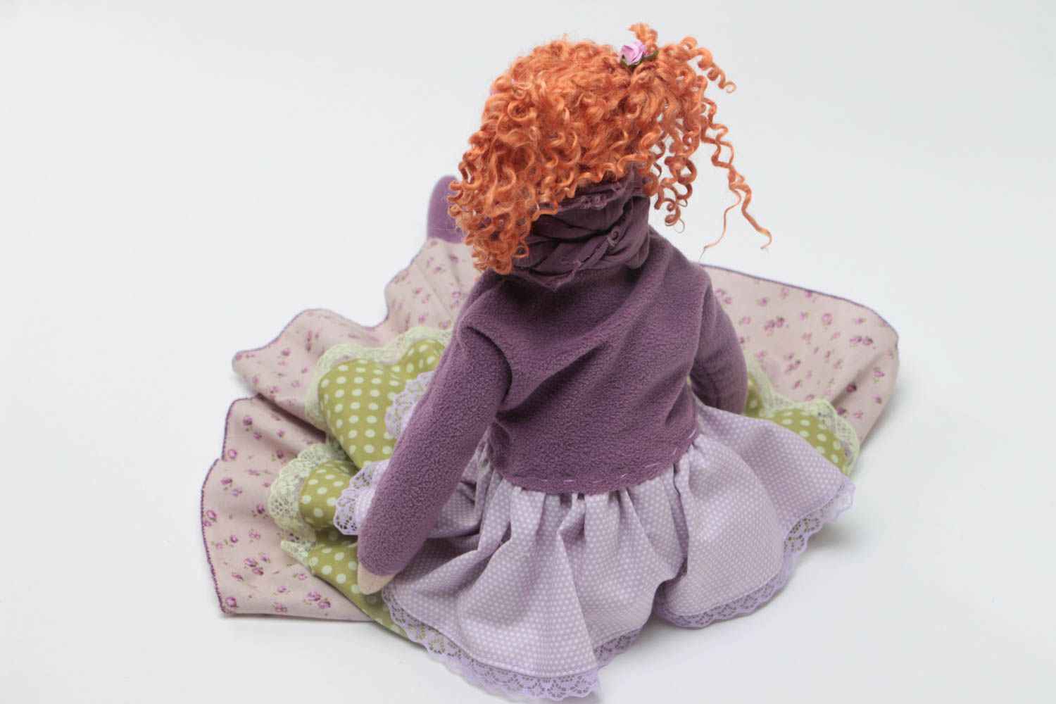 Handmade designer fabric soft doll with ginger hair in violet clothing photo 4