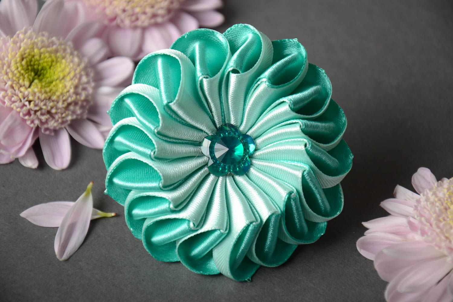 Handmade designer hair band with volume ribbon kanzashi flower of mint color photo 1