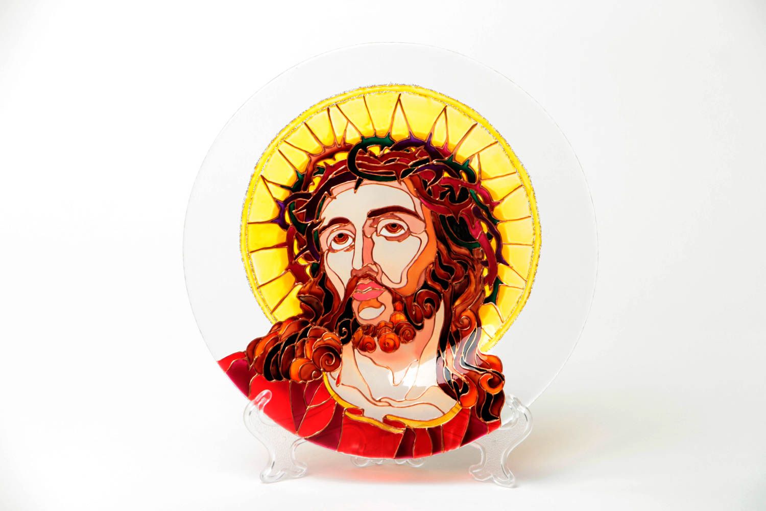 Стеклянная декоративная тарелка с росписью витражными красками с иконой фото 2