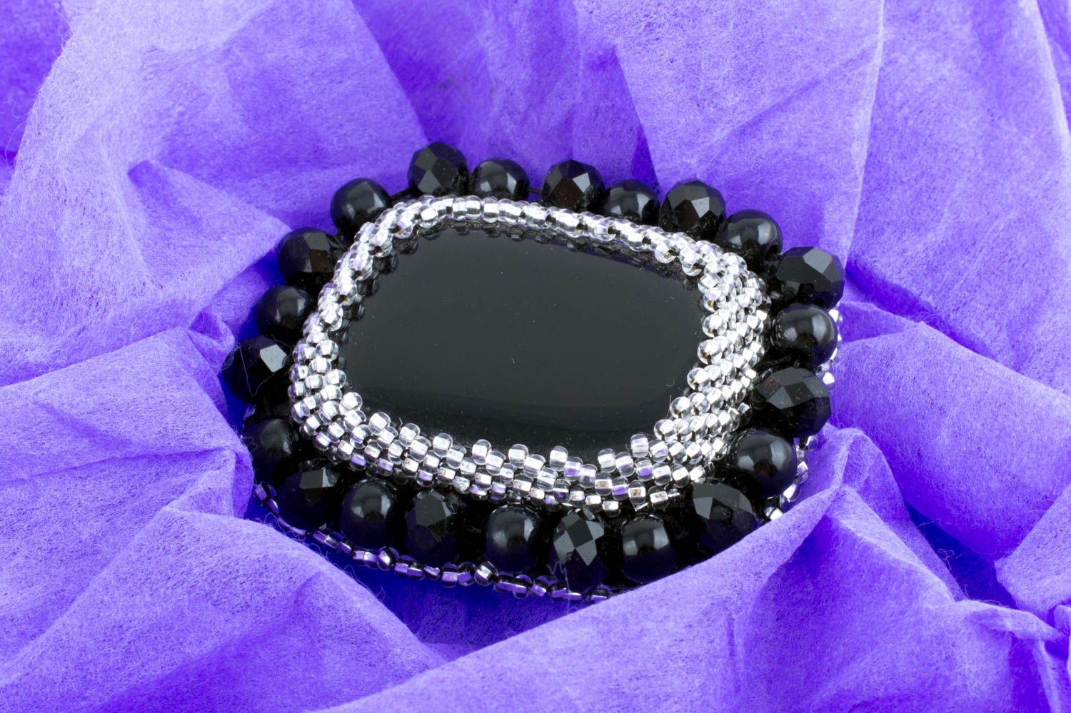 Handmade elegant festive black agate brooch with seed beads on leather basis photo 1