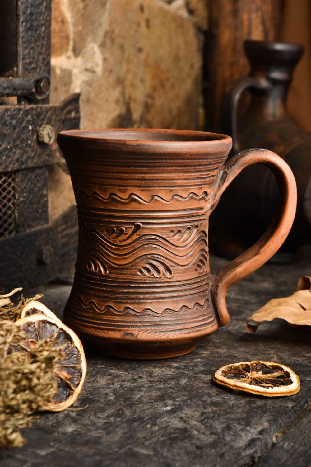 Handmade Ton Tasse Keramik Geschirr 500 ml schöne Teetasse gemustert braun foto 2