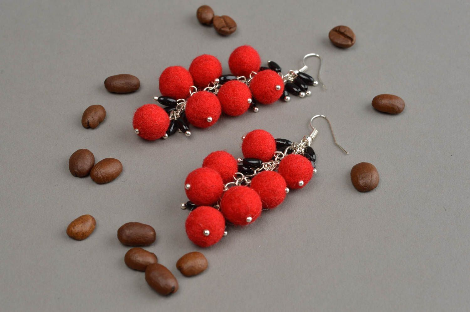 Dangling earrings red felted balls long earrings handmade jewelry gifts for her photo 1