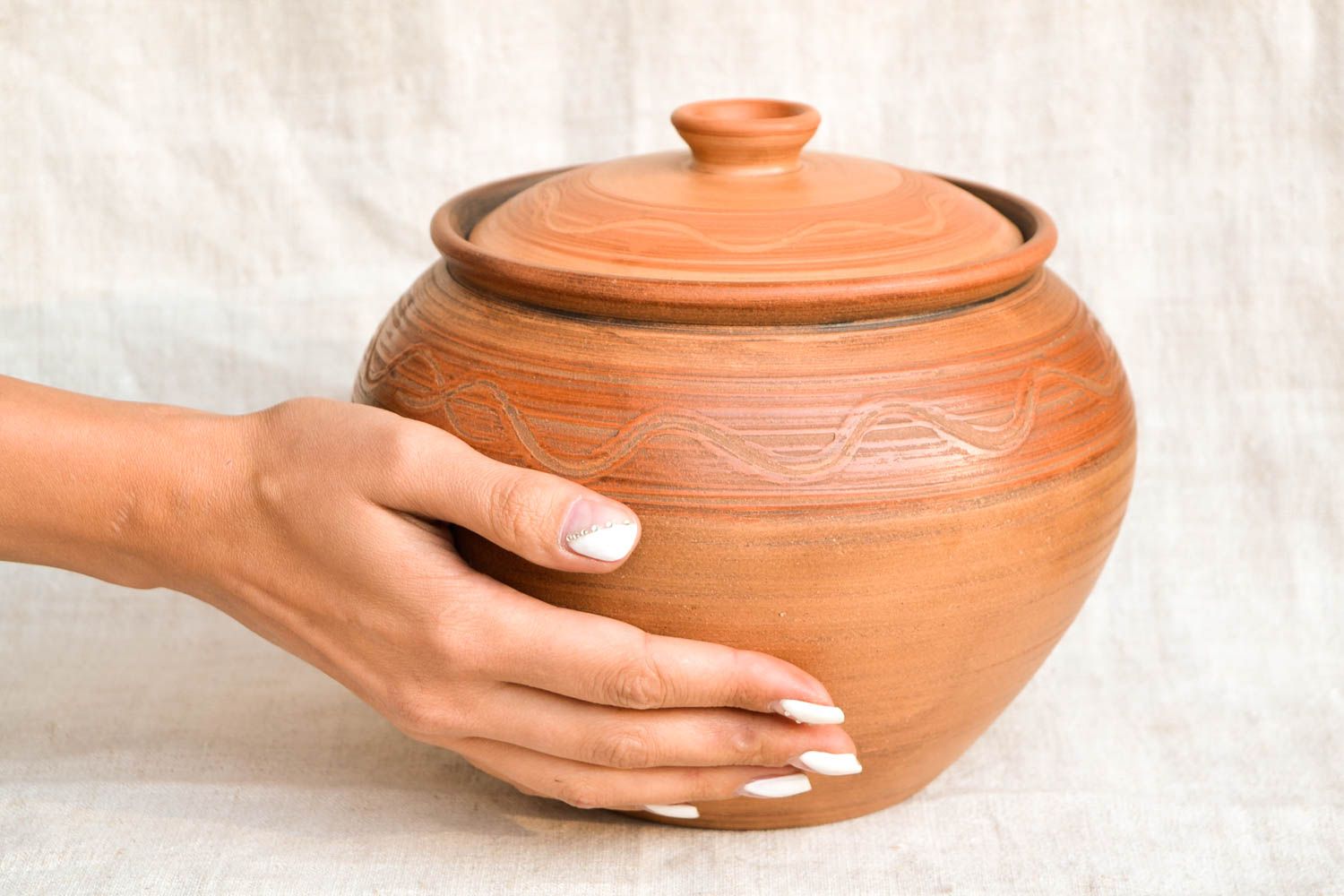 100 oz large ceramic cooking pot with a lid in terracotta color and village-style 2,9 lb photo 2