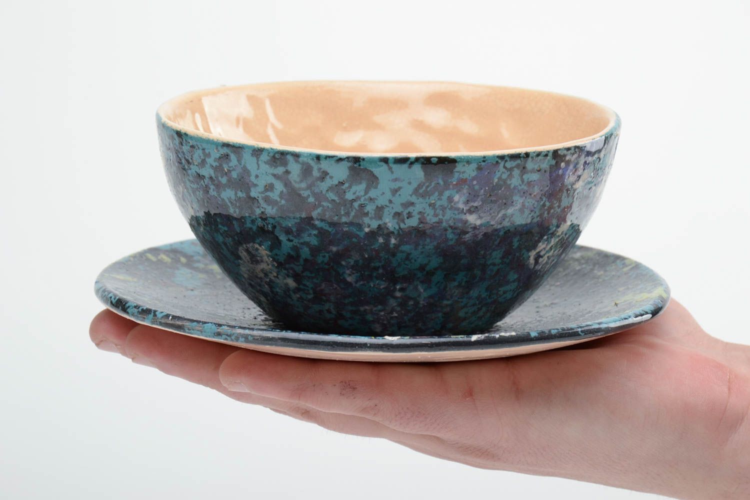 Blau weiße Ton Suppen Schüssel mit Unterteller mit Mustern Künstler Handarbeit foto 5