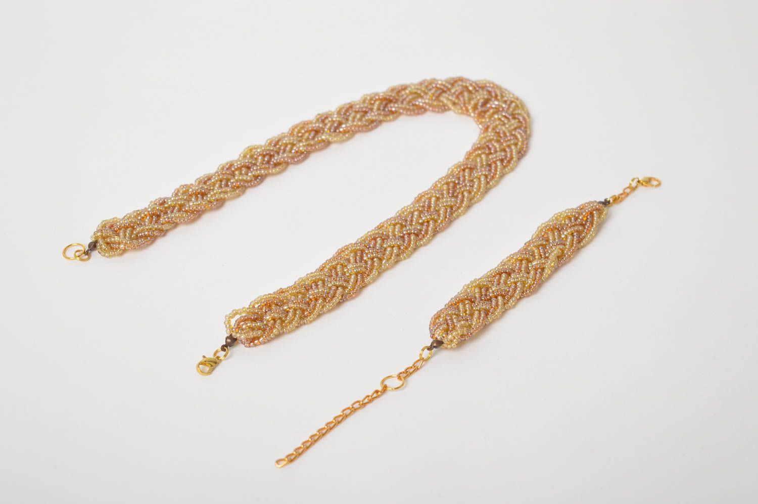 Handmade Schmuck Set Collier Halskette Damen Armband aus Rocailles beige foto 2