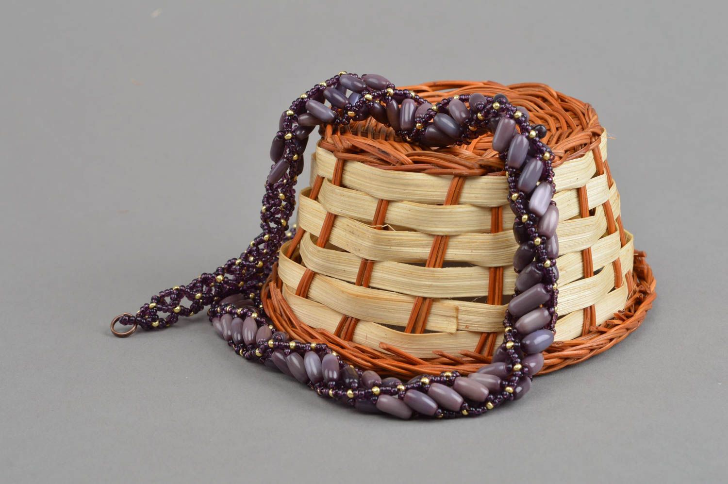 Glasperlen Halskette mit Katzenauge in Lila schmuckvoll handmade Collier  foto 1