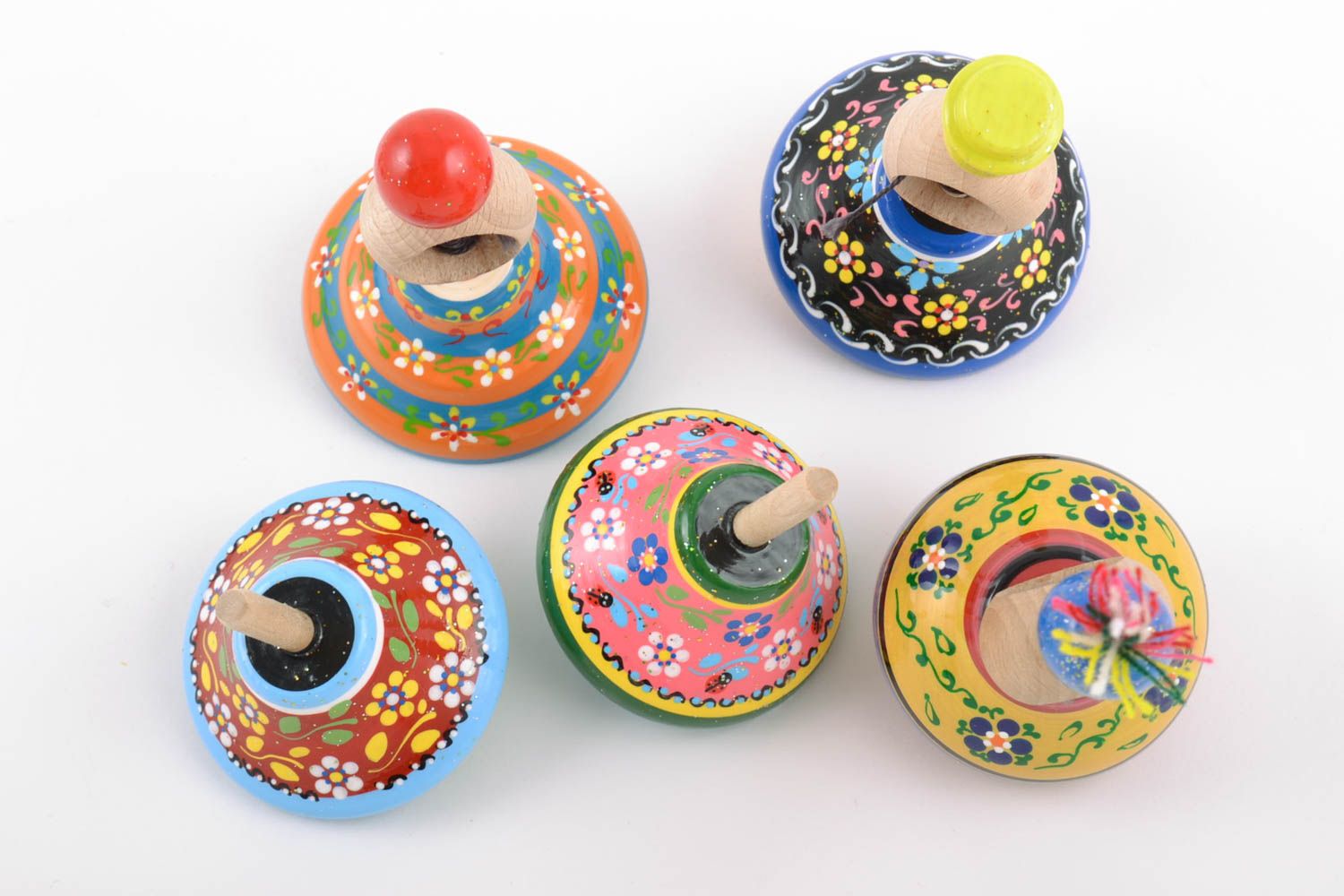 Handmade painted wooden toys set 5 pieces spinning tops photo 3
