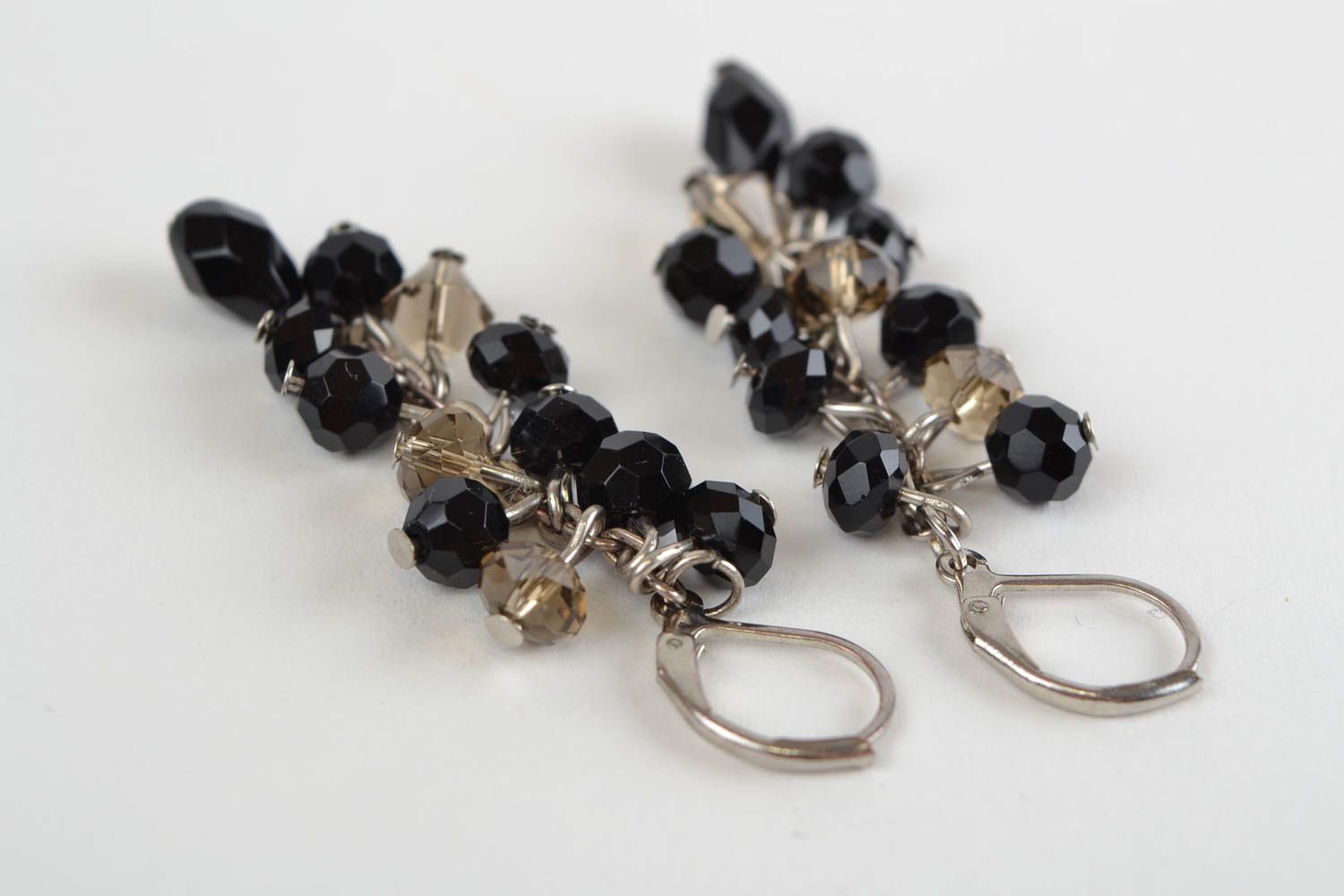 Beautiful long black stylish handmade earrings made of Czech glass photo 5