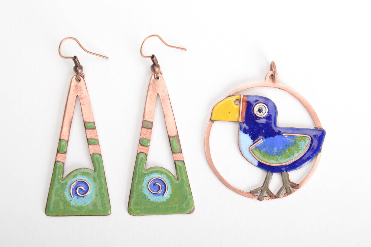 Handmade copper jewelery set 2 pieces pendant and earrings with enamel painting photo 4